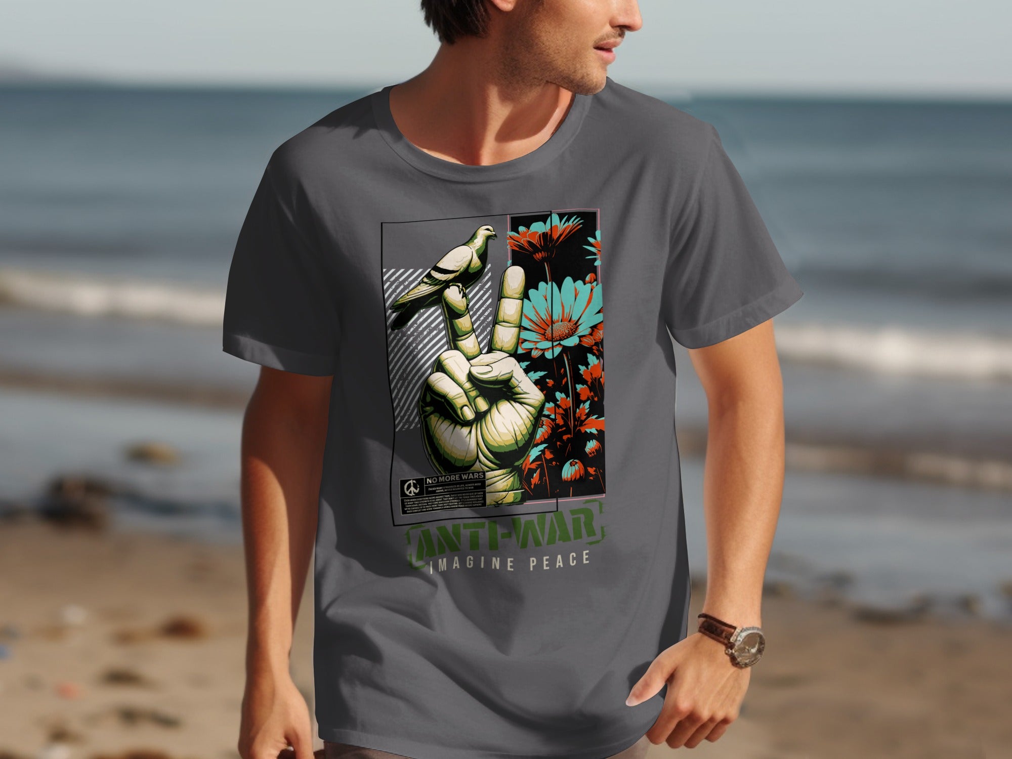 Grey t-shirt with anti-war design featuring a dove on a peace sign.