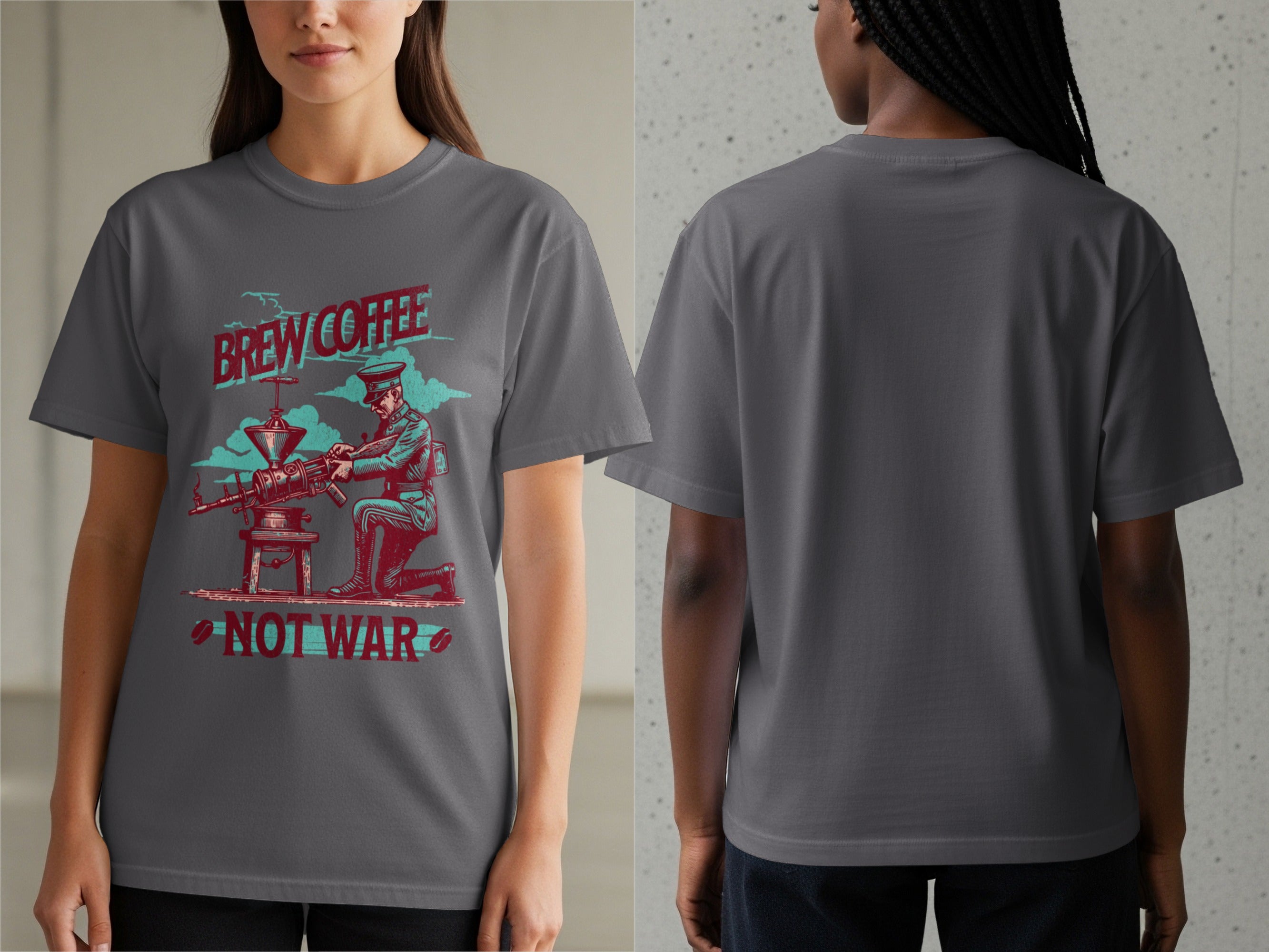 T-shirt with vintage-style graphic of a soldier brewing coffee with text "Brew Coffee Not War".