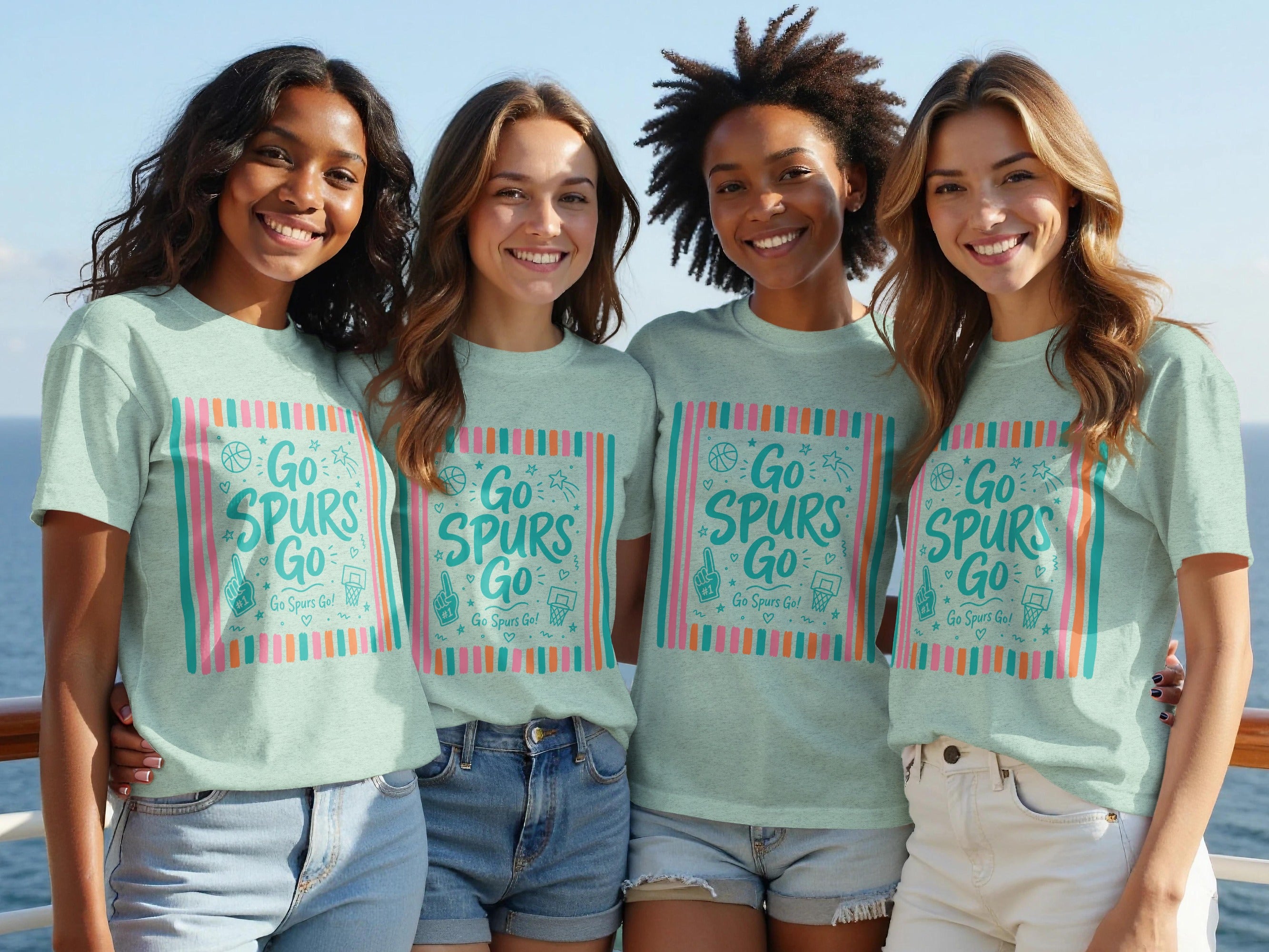 Four smiling women wear matching light blue t-shirts with a "Go Spurs Go" basketball graphic.