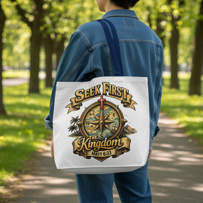 White tote bag with "Seek First the Kingdom" and "Matt 6:33" and compass design.