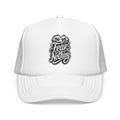 White trucker hat with embroidered "Fear Nothing" text and animalistic eyes graphic.