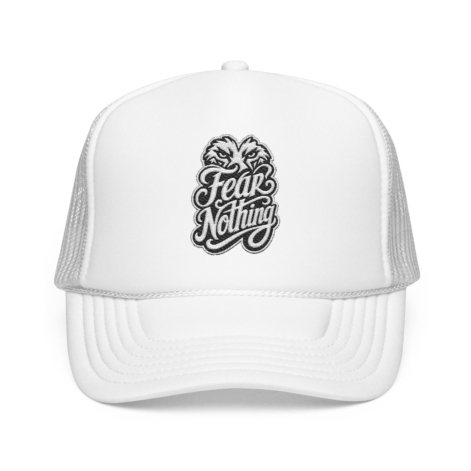 White trucker hat with embroidered "Fear Nothing" text and animalistic eyes graphic.