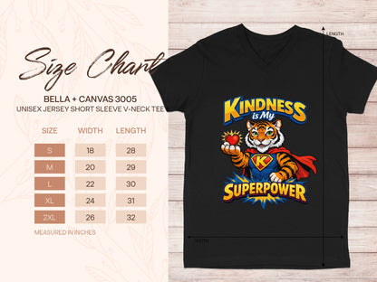 Black Bella + Canvas unisex v-neck tee with tiger superhero graphic and size chart.