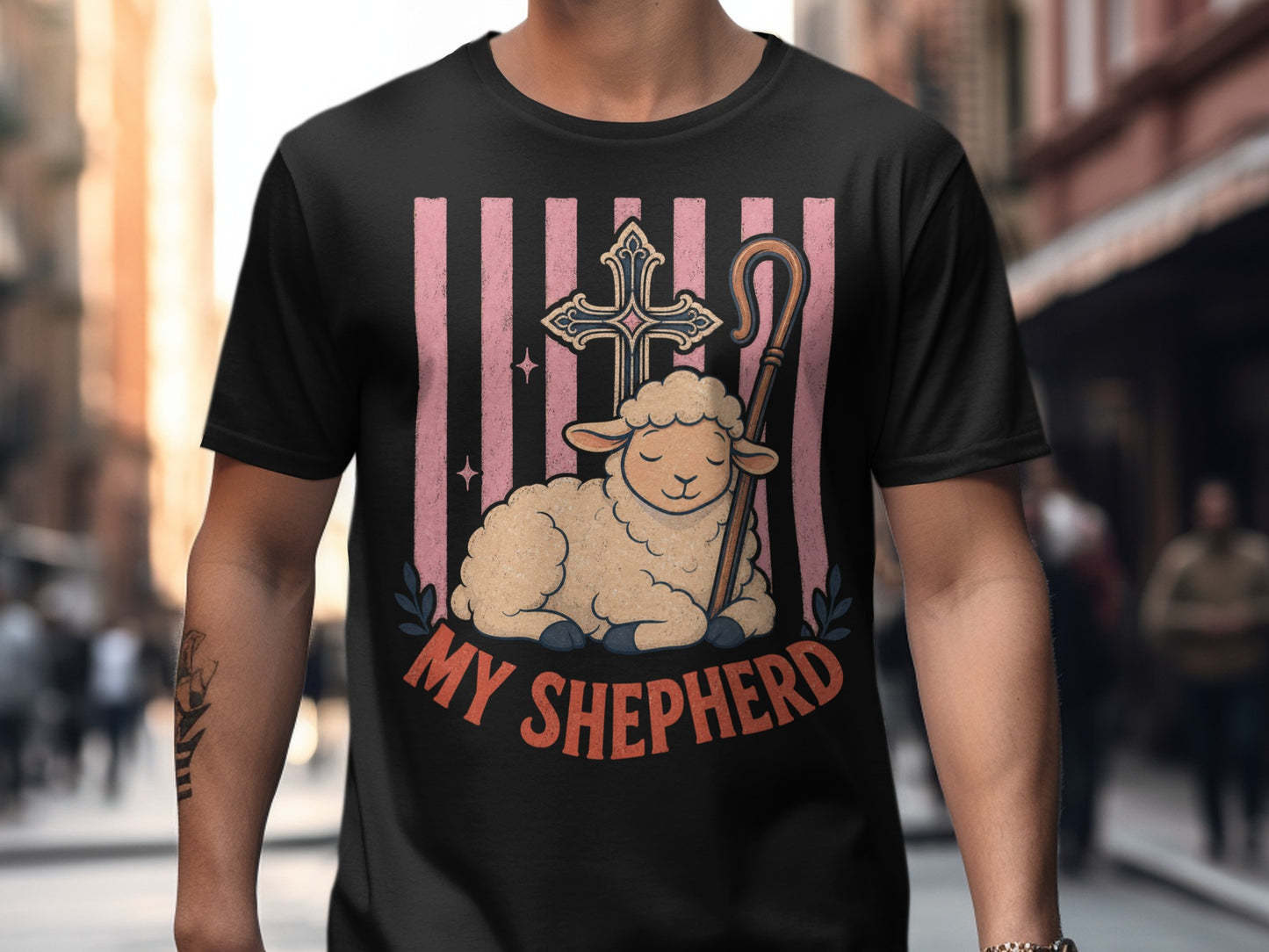 T-shirt with a sheep, cross, shepherd's crook, and "My Shepherd" text.