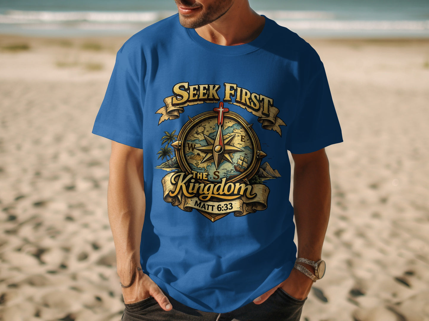 Blue t-shirt with compass design and text "Seek First The Kingdom Matt 6:33."