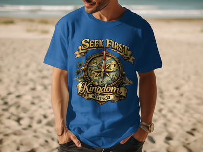 Blue t-shirt with compass design and text "Seek First The Kingdom Matt 6:33."