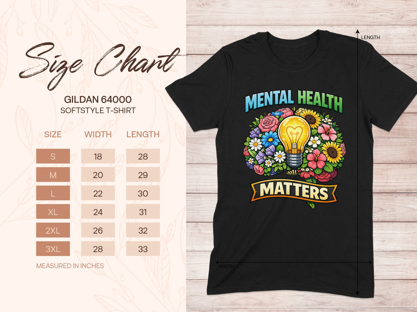 Gildan 64000 softstyle t-shirt size chart with "MENTAL HEALTH MATTERS" graphic.