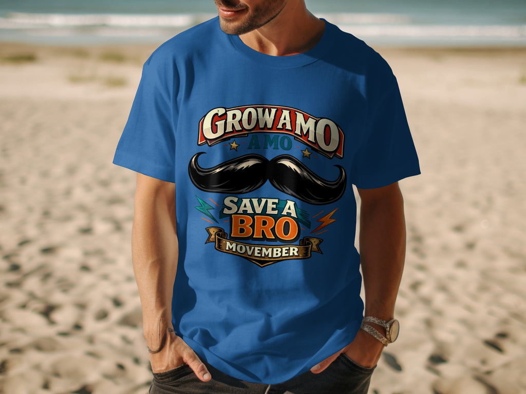 Blue t-shirt with "GROWAMO AMO SAVE A BRO MOVEMBER" text and mustache graphic.