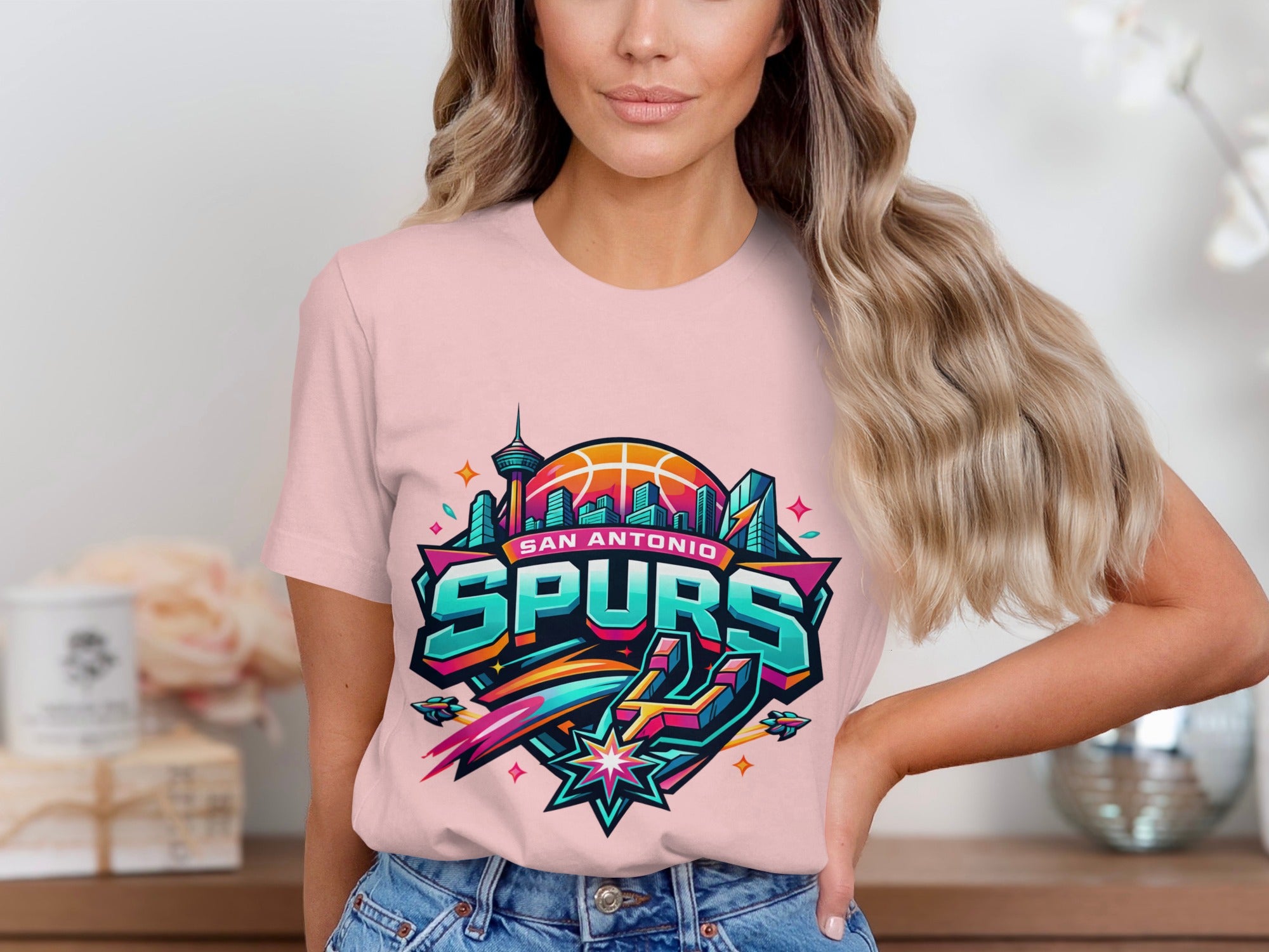 San Antonio Spurs team logo with cityscape and basketball graphic.