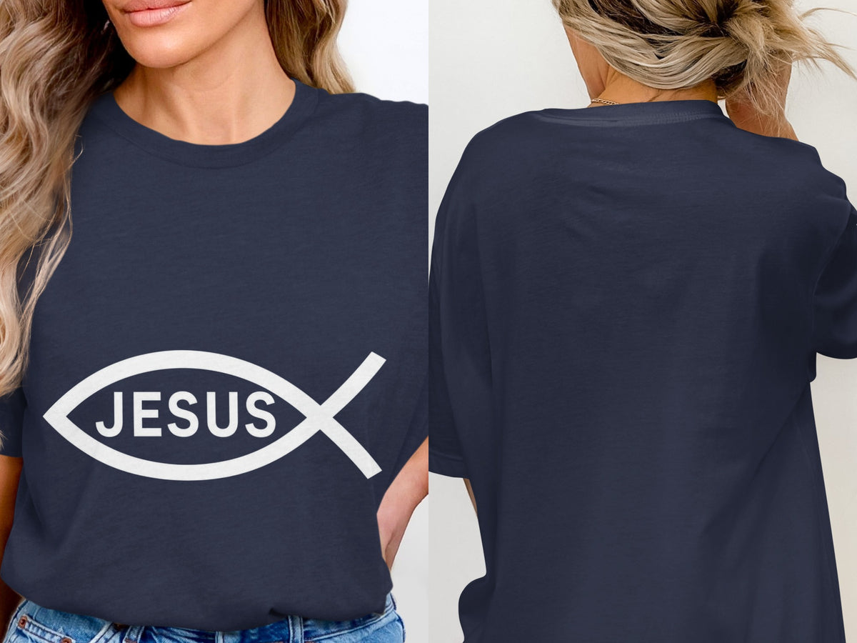 Navy t-shirt with white fish symbol and "JESUS" text on the front.