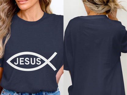 Navy t-shirt with white fish symbol and "JESUS" text on the front.
