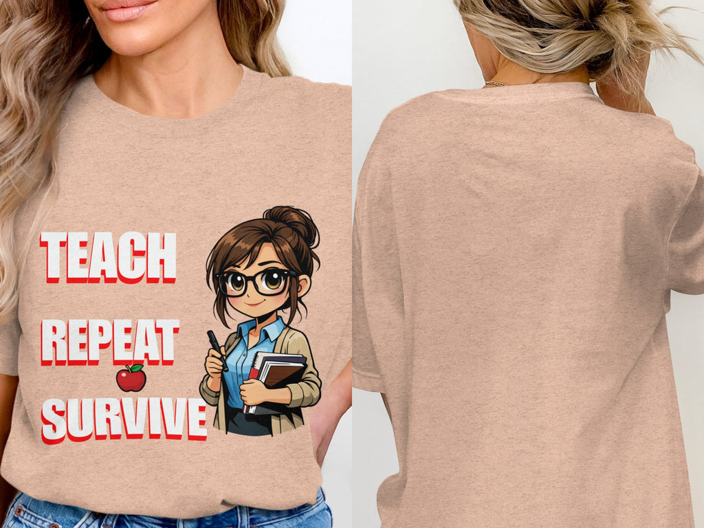 Peach t-shirt with "Teach Repeat Survive" text and cartoon drawing of a teacher.