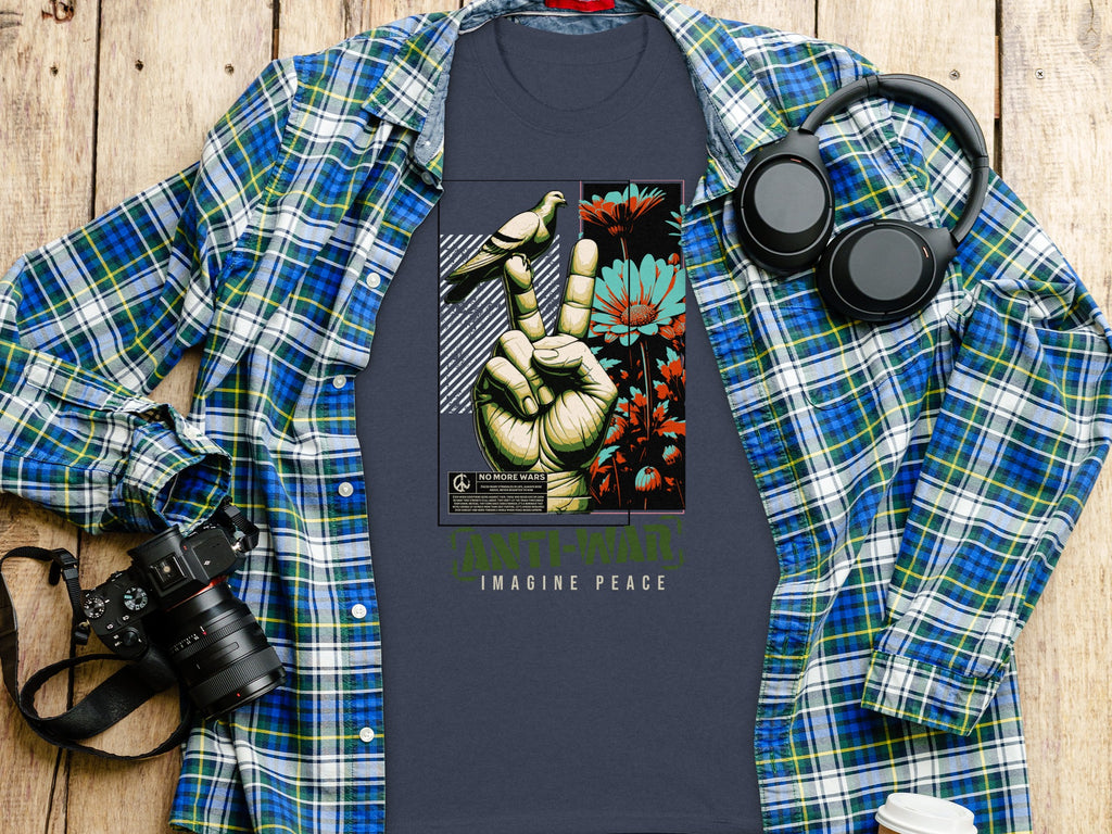 Dark blue t-shirt with "Anti-War Imagine Peace" design and peace imagery.