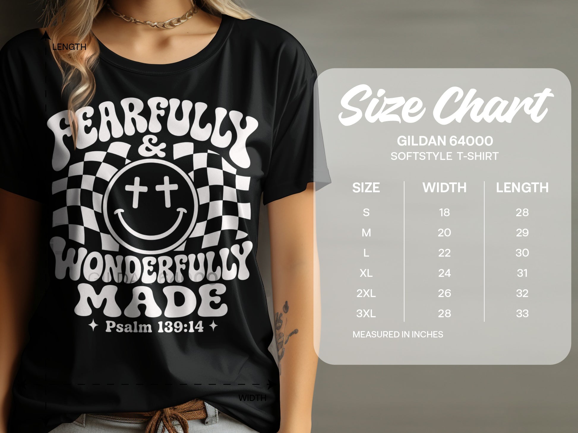 Black t-shirt with "Fearfully & Wonderfully Made" and Psalm 139:14. Size chart included.