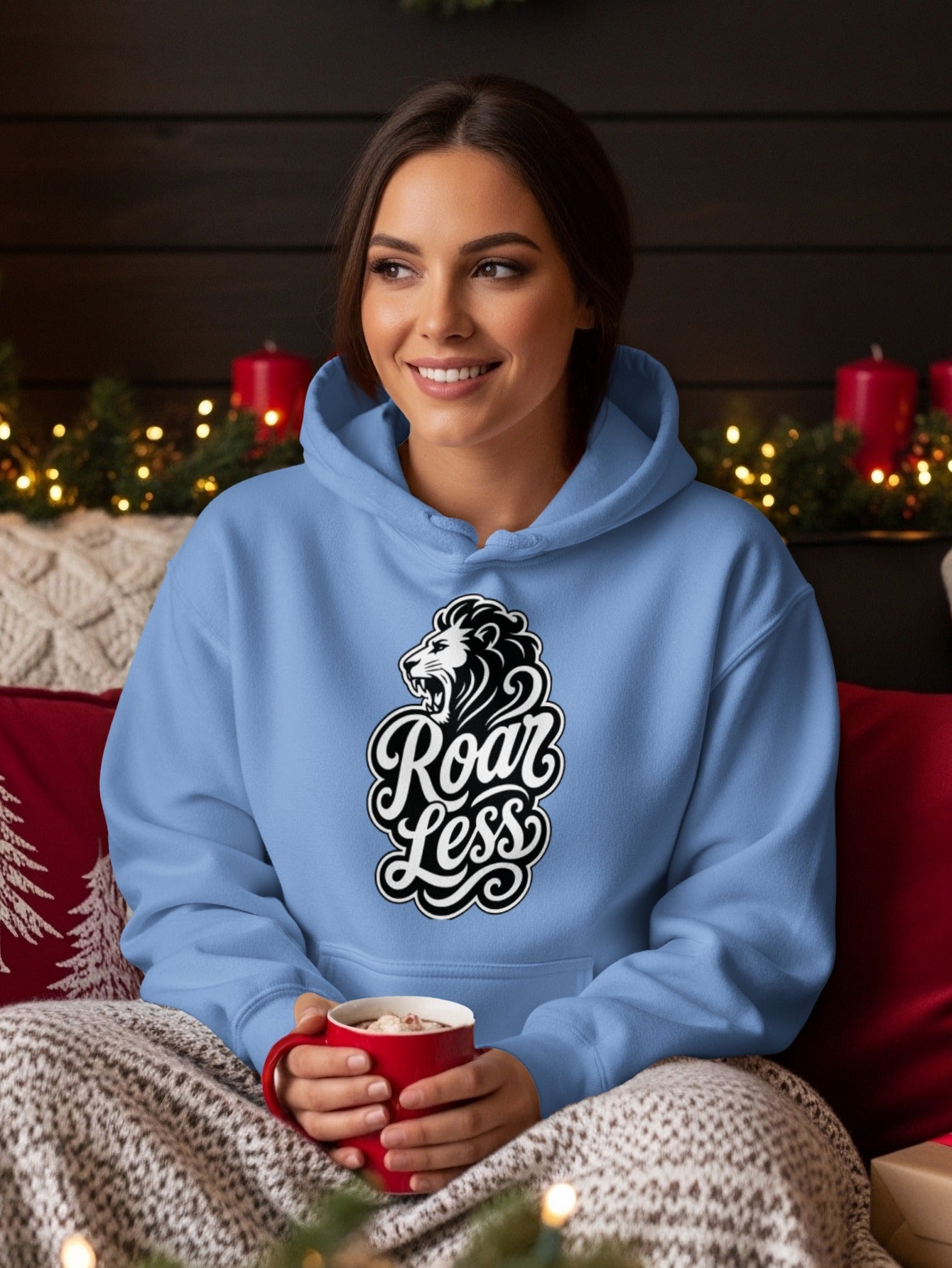 Light blue hoodie with "Roar Less" lion graphic.