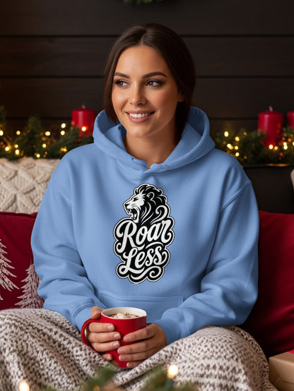 Light blue hoodie with "Roar Less" lion graphic.