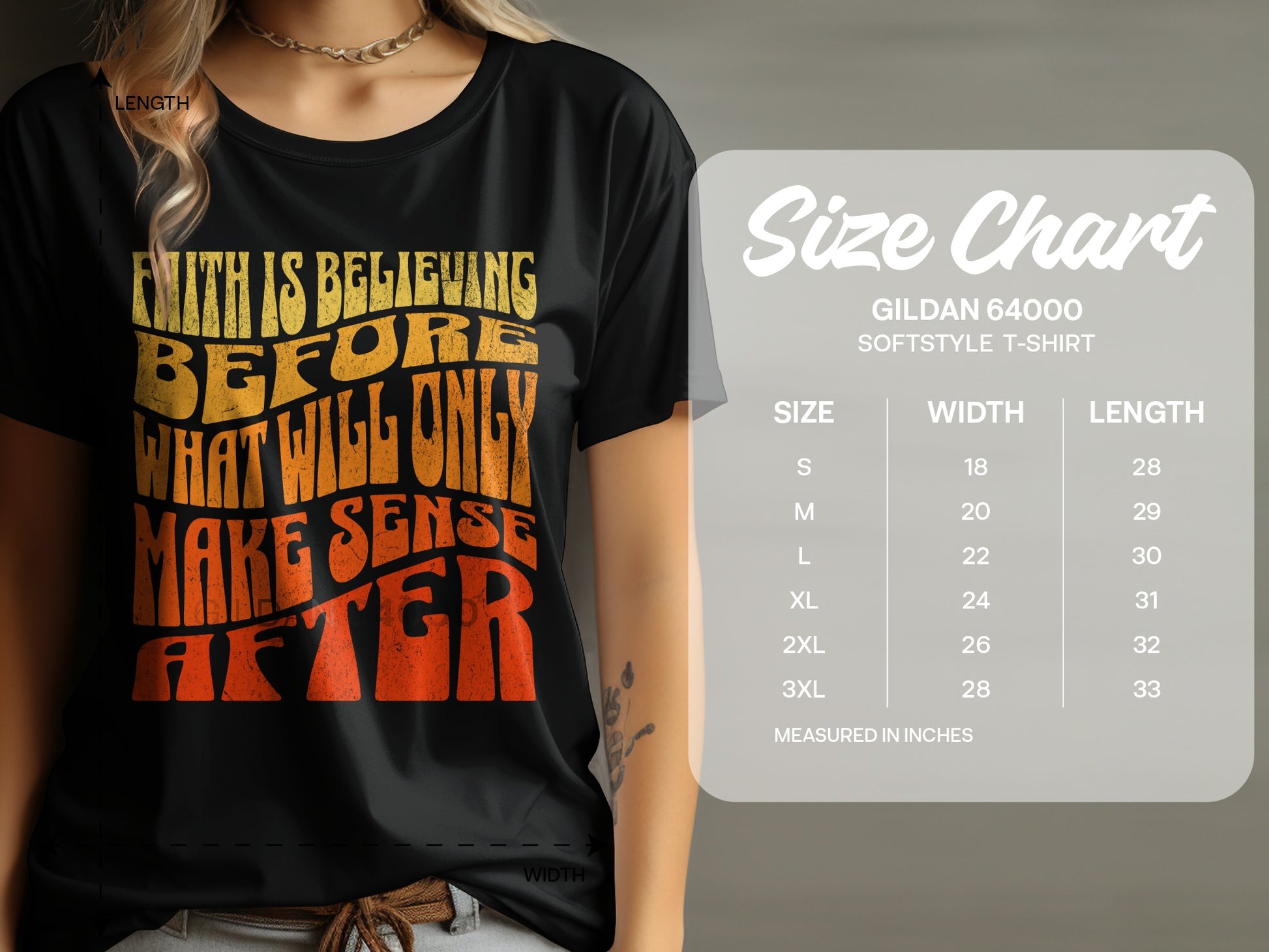 Black t-shirt with retro graphic text and Gildan softstyle t-shirt size chart.