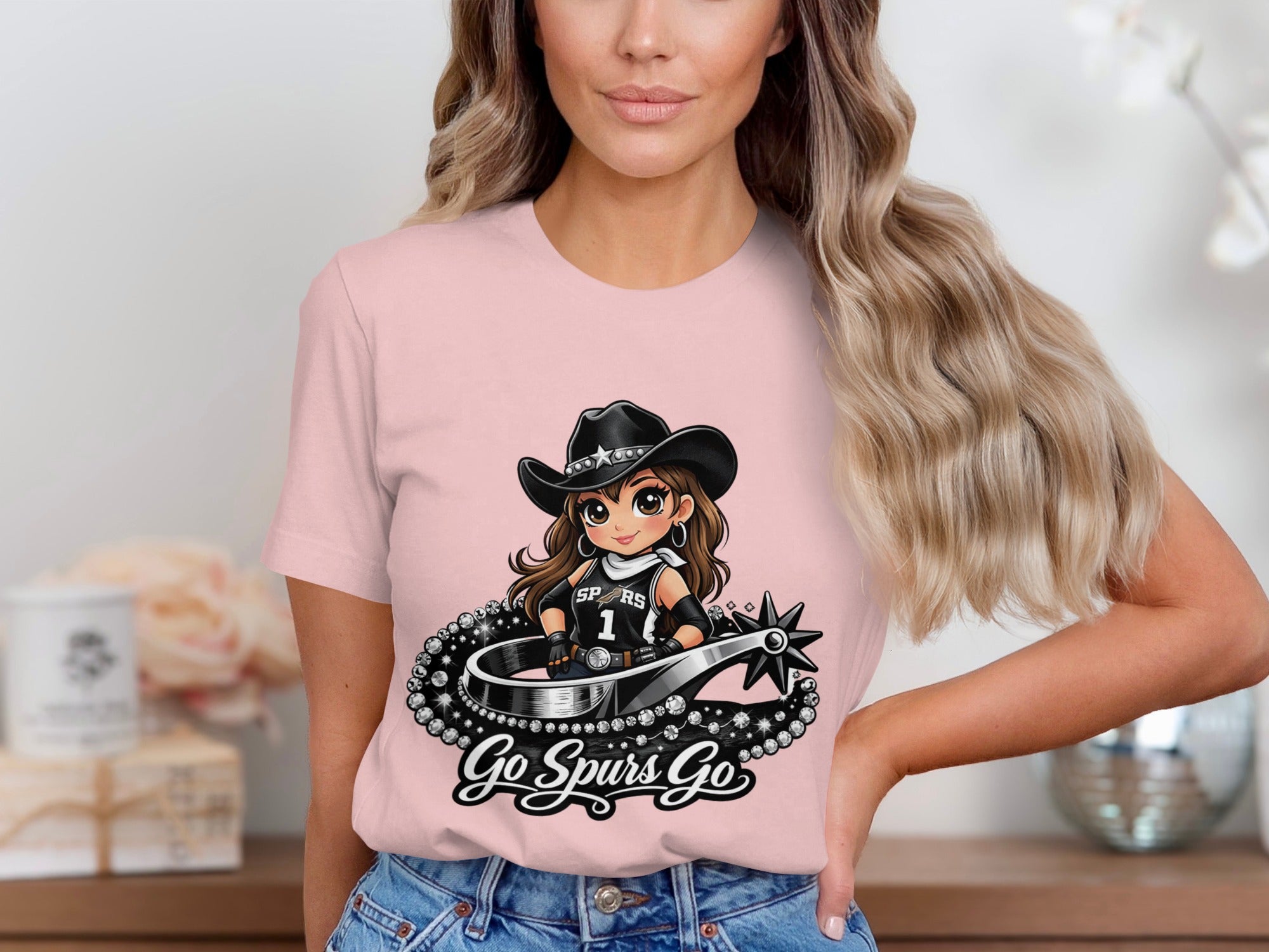 Chibi cowgirl in Spurs jersey with spur and "Go Spurs Go" text.