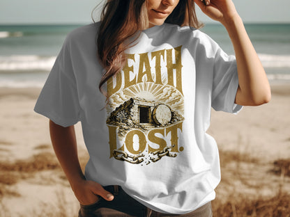 White t-shirt featuring a tomb with a broken chain and text "DEATH LOST".