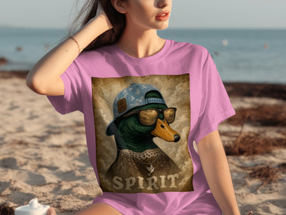 T-shirt graphic of a mallard duck wearing a baseball cap, sunglasses, and necklace, with "SPIRIT" text.