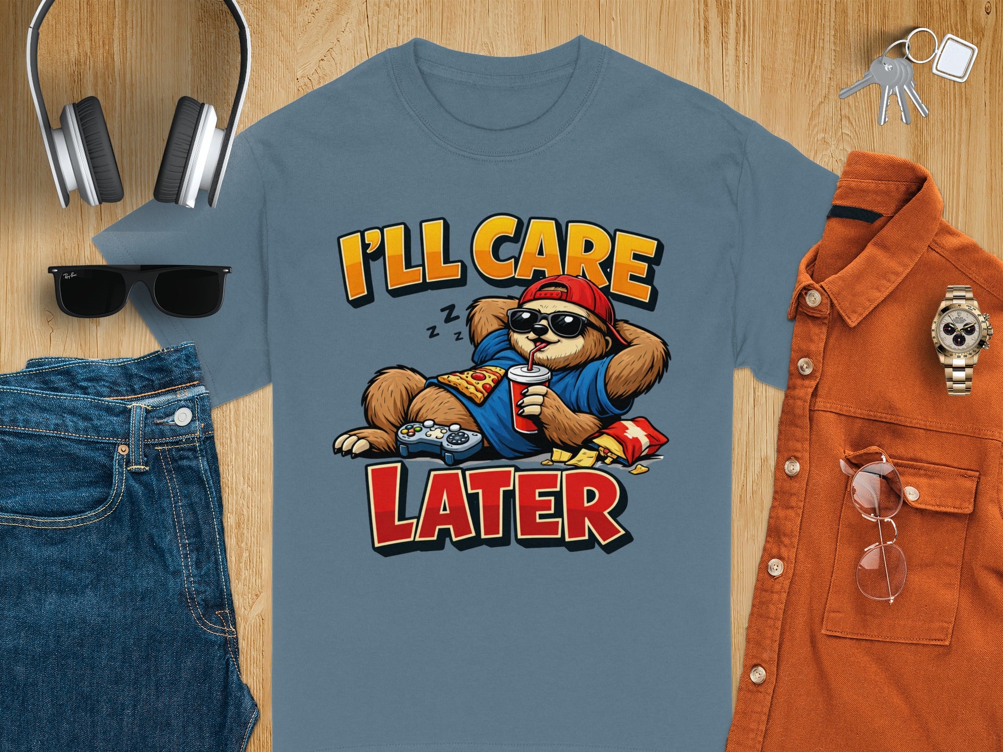 T-shirt with a sloth playing video games, eating pizza, and drinking soda with text "I'll Care Later".