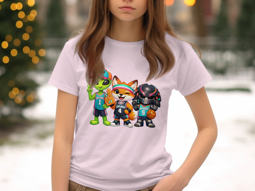 Cartoon alien, fox, and predator characters wearing Spurs basketball jerseys.