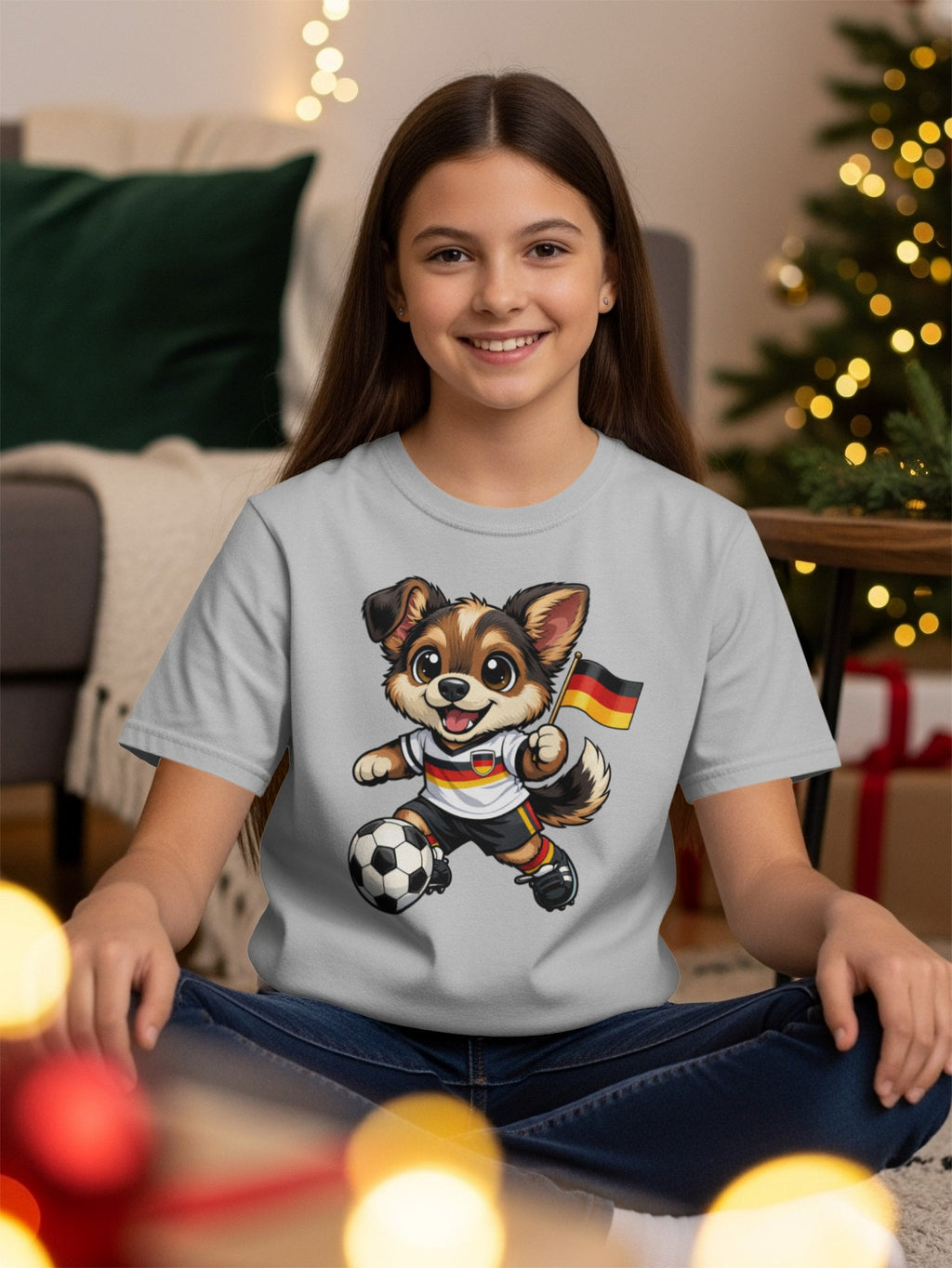 Cartoon dog wearing German soccer jersey kicks ball, holding German flag.