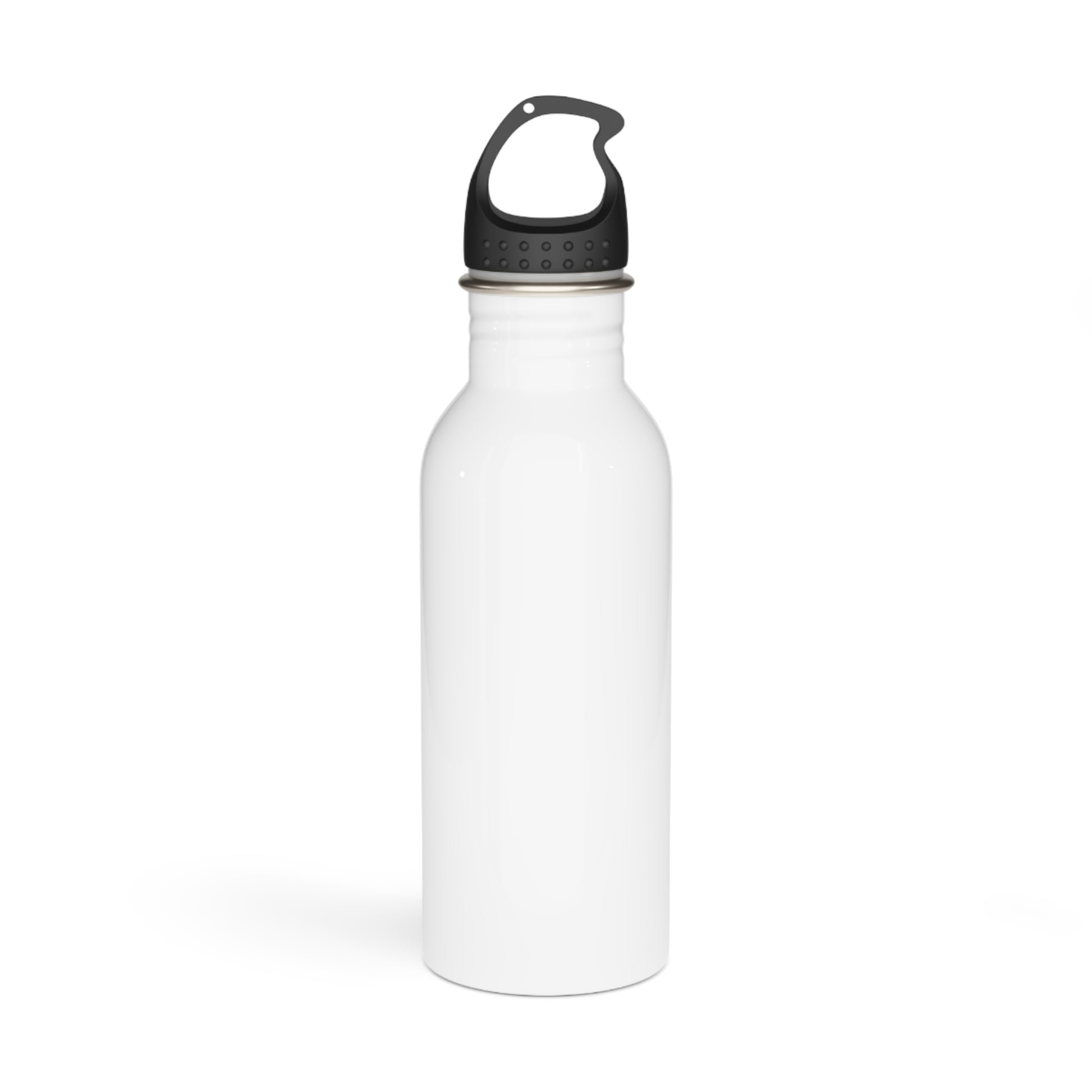 White stainless steel water bottle with a black flip-top lid and carrying loop.