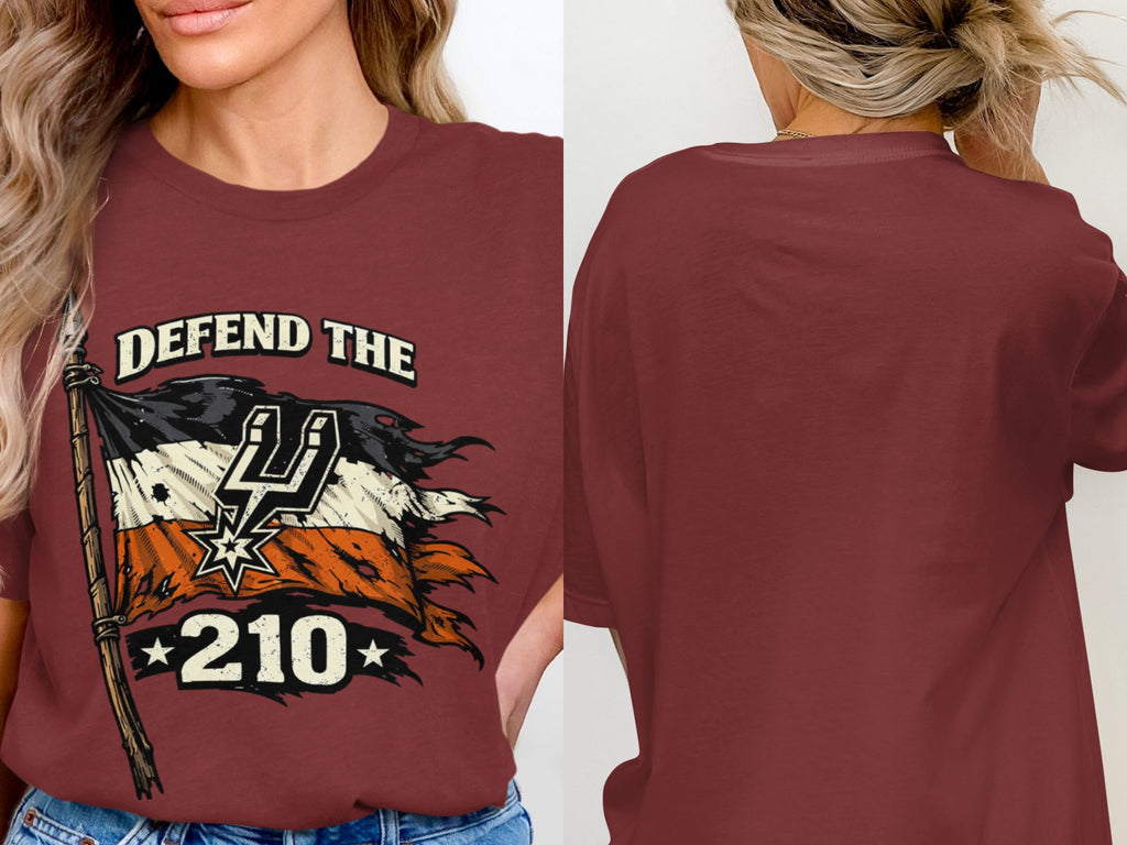 Maroon t-shirt with "DEFEND THE 210" text and a distressed flag.