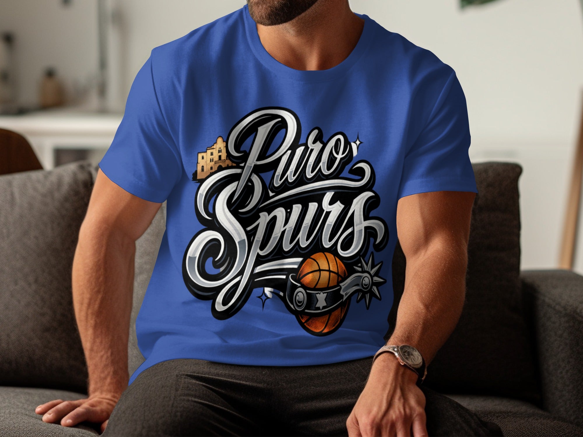 Blue t-shirt with "Puro Spurs" text, basketball and spur graphic.