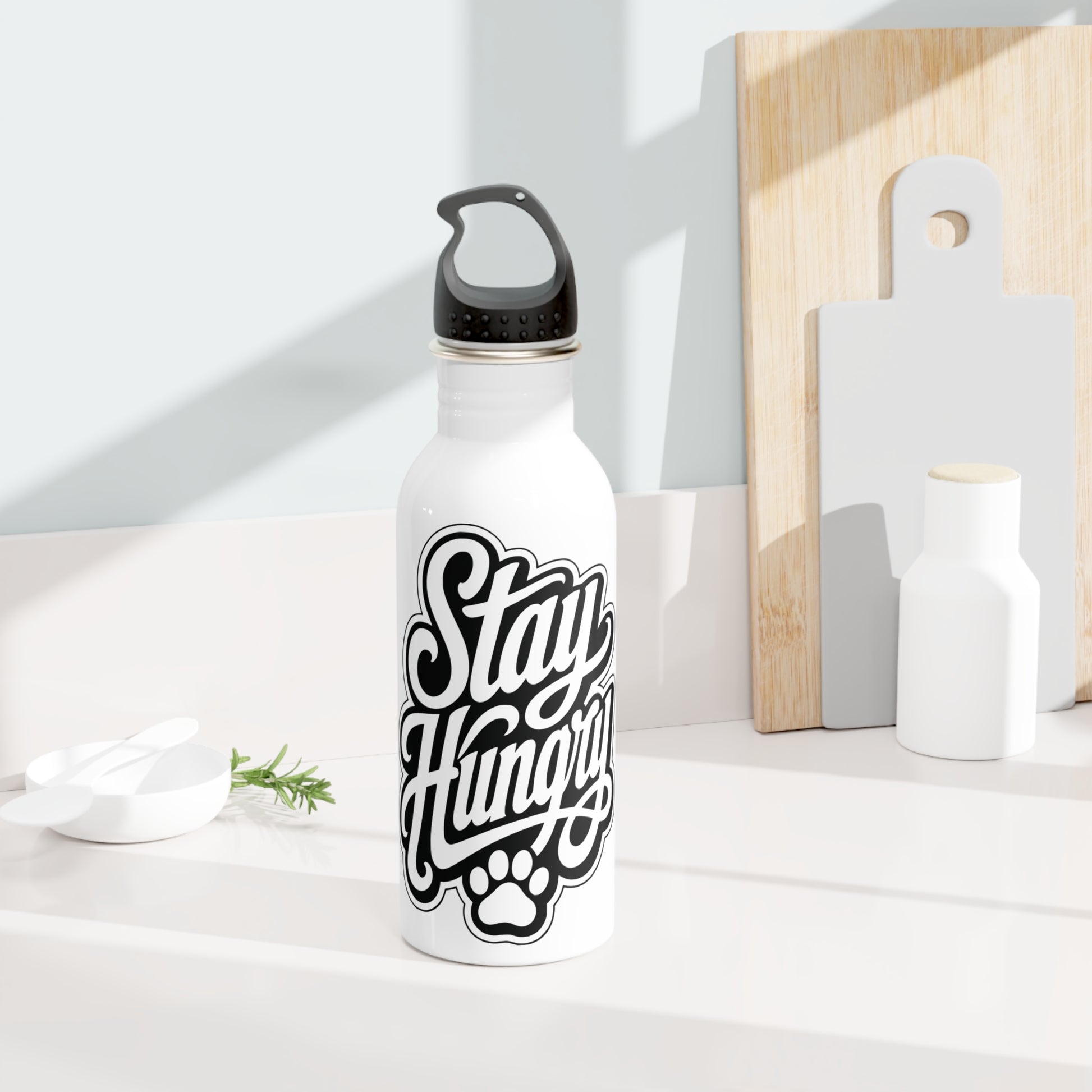 White water bottle with black "Stay Hungry" text and paw print.