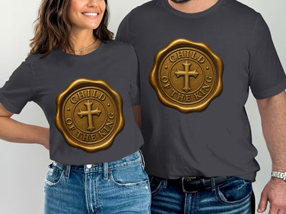 T-shirts with a golden wax seal design featuring a cross and "Child of the King" text.