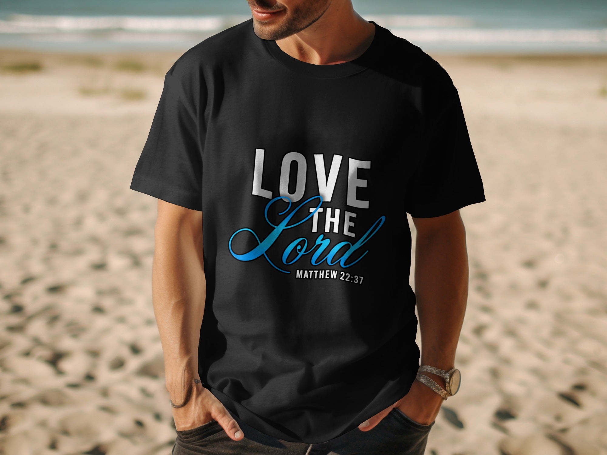 Black t-shirt with "LOVE THE LORD" and "MATTHEW 22:37" text.