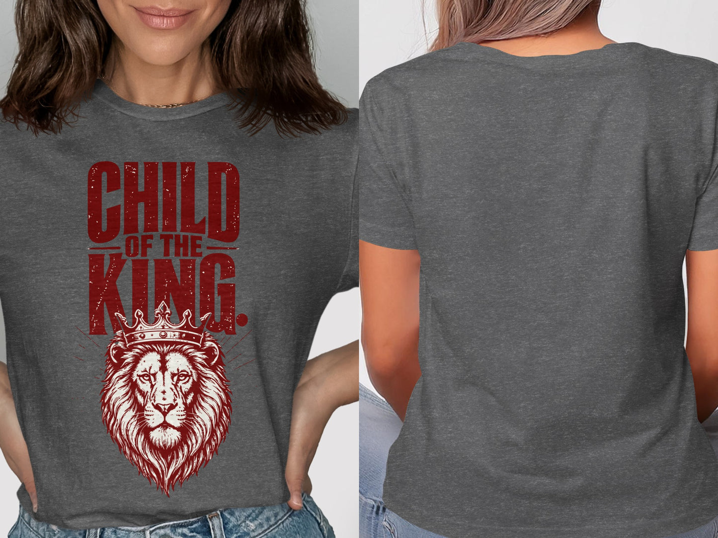 Dark grey t-shirt with red text "CHILD OF THE KING" and a crowned lion graphic.