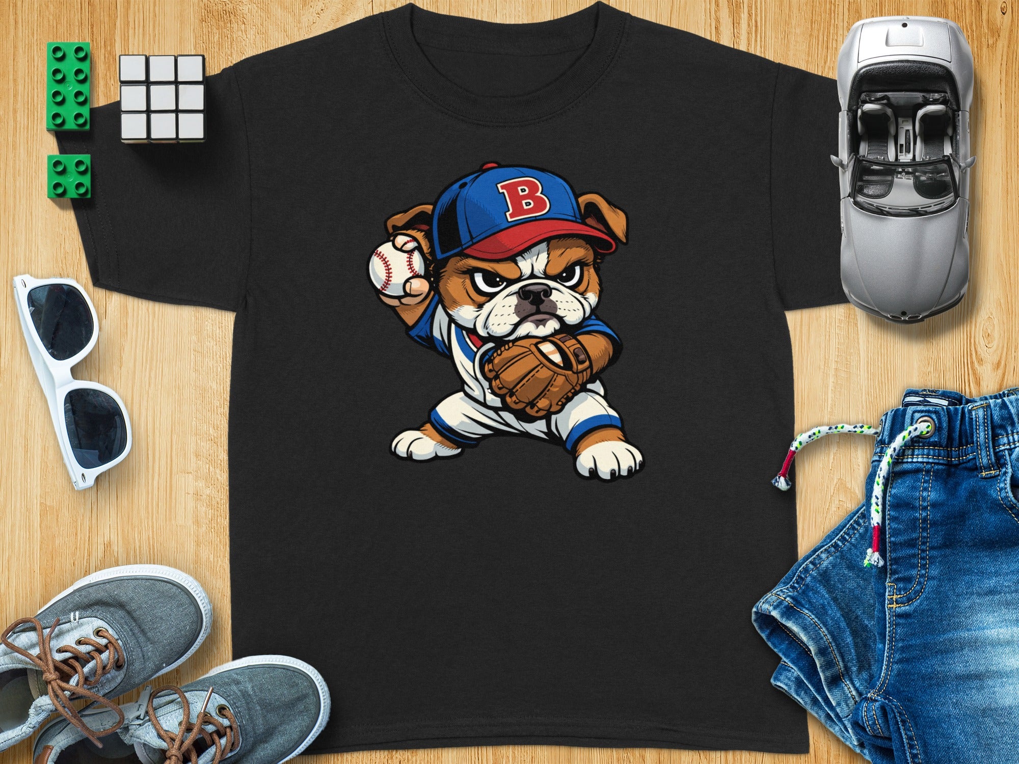 Black t-shirt with bulldog baseball player graphic and blue cap with "B"