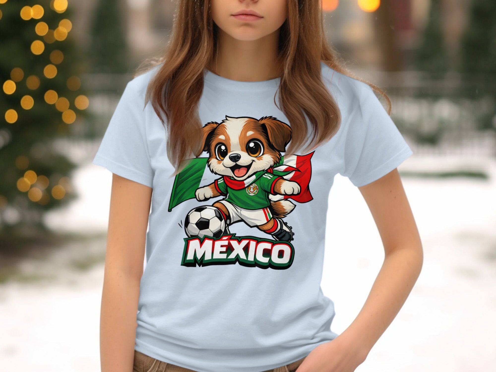 Cartoon dog in Mexico soccer uniform kicking soccer ball with flags and text.