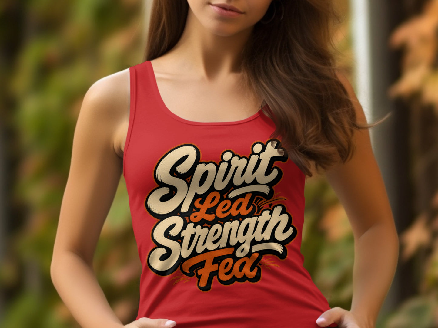 Red tank top with "Spirit Led Strength Fed" graphic print.