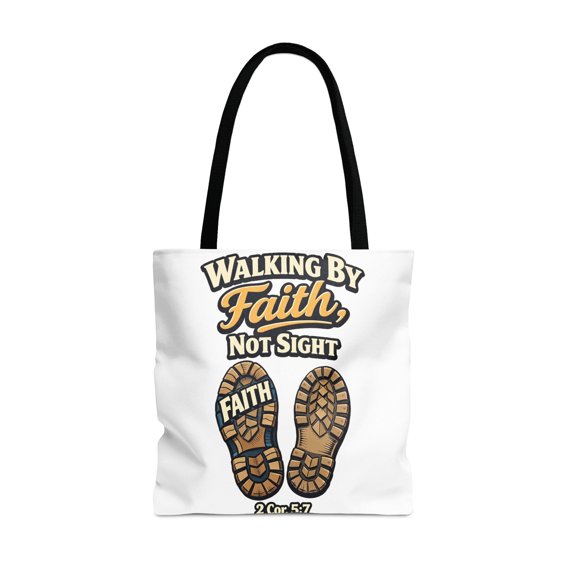 White tote bag with "Walking by Faith, not Sight" and boot sole prints.