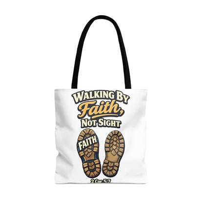White tote bag with "Walking by Faith, not Sight" and boot sole prints.