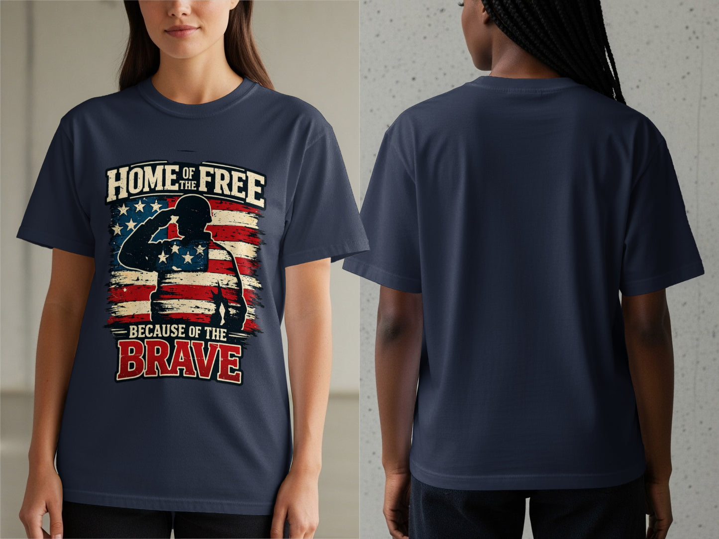 Navy t-shirt with graphic "Home of the Free Because of the Brave".