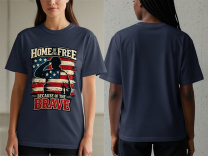 Navy t-shirt with graphic "Home of the Free Because of the Brave".