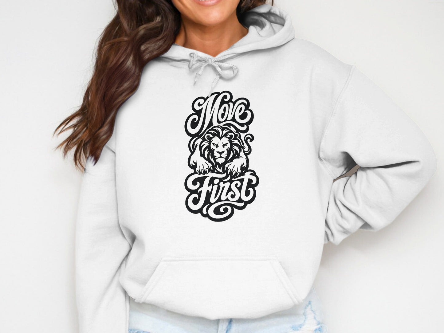 White hoodie with black text and lion graphic reading "Move First".