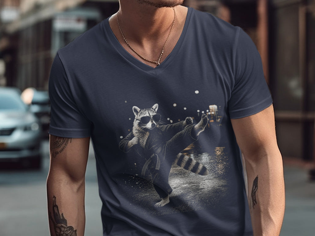 T-shirt features a raccoon in sunglasses and a gi performing a karate kick.