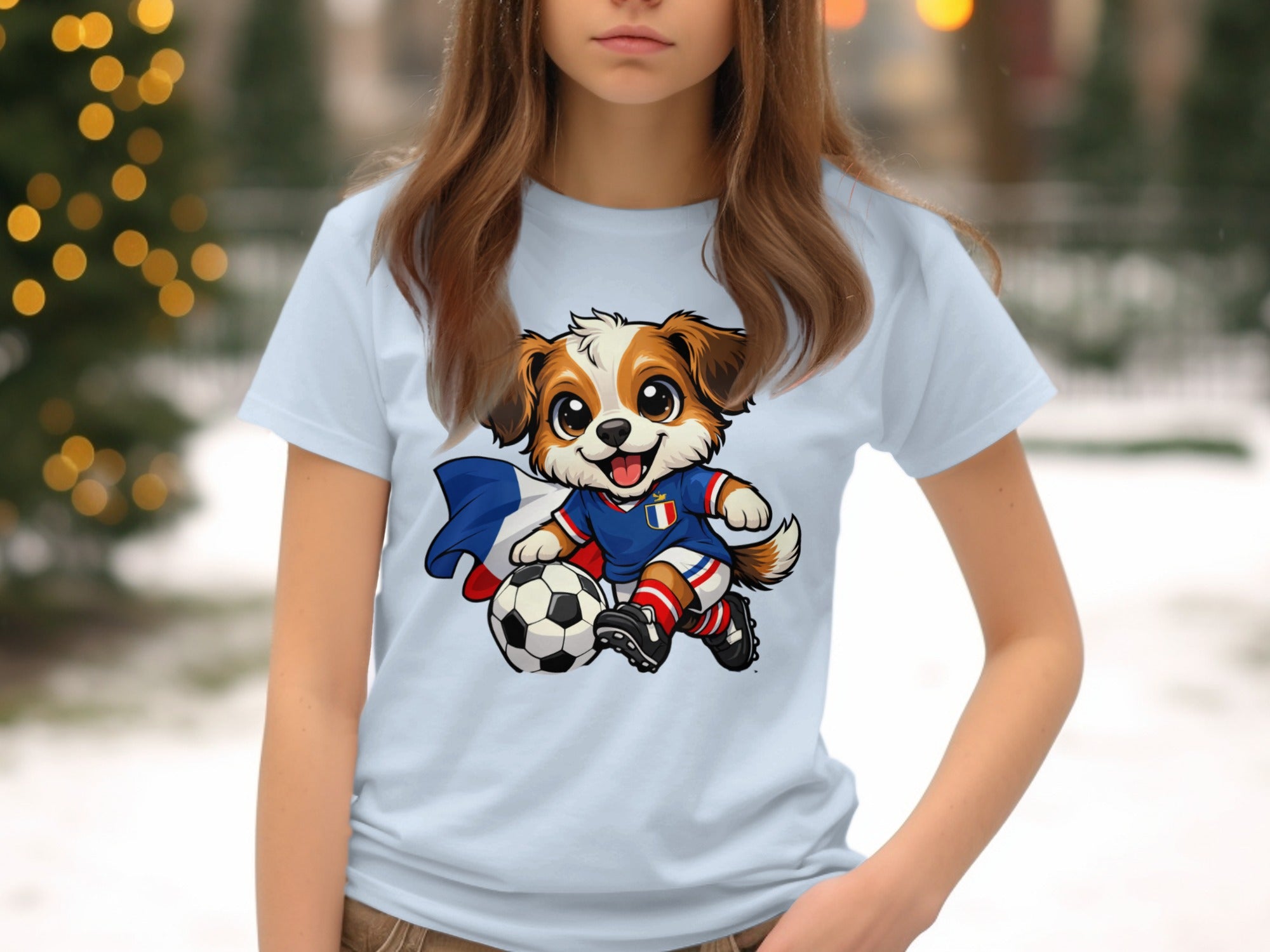 Cartoon dog wearing France soccer jersey with ball and flag.
