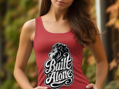 Red tank top with "Built Alone" text and a lion graphic.
