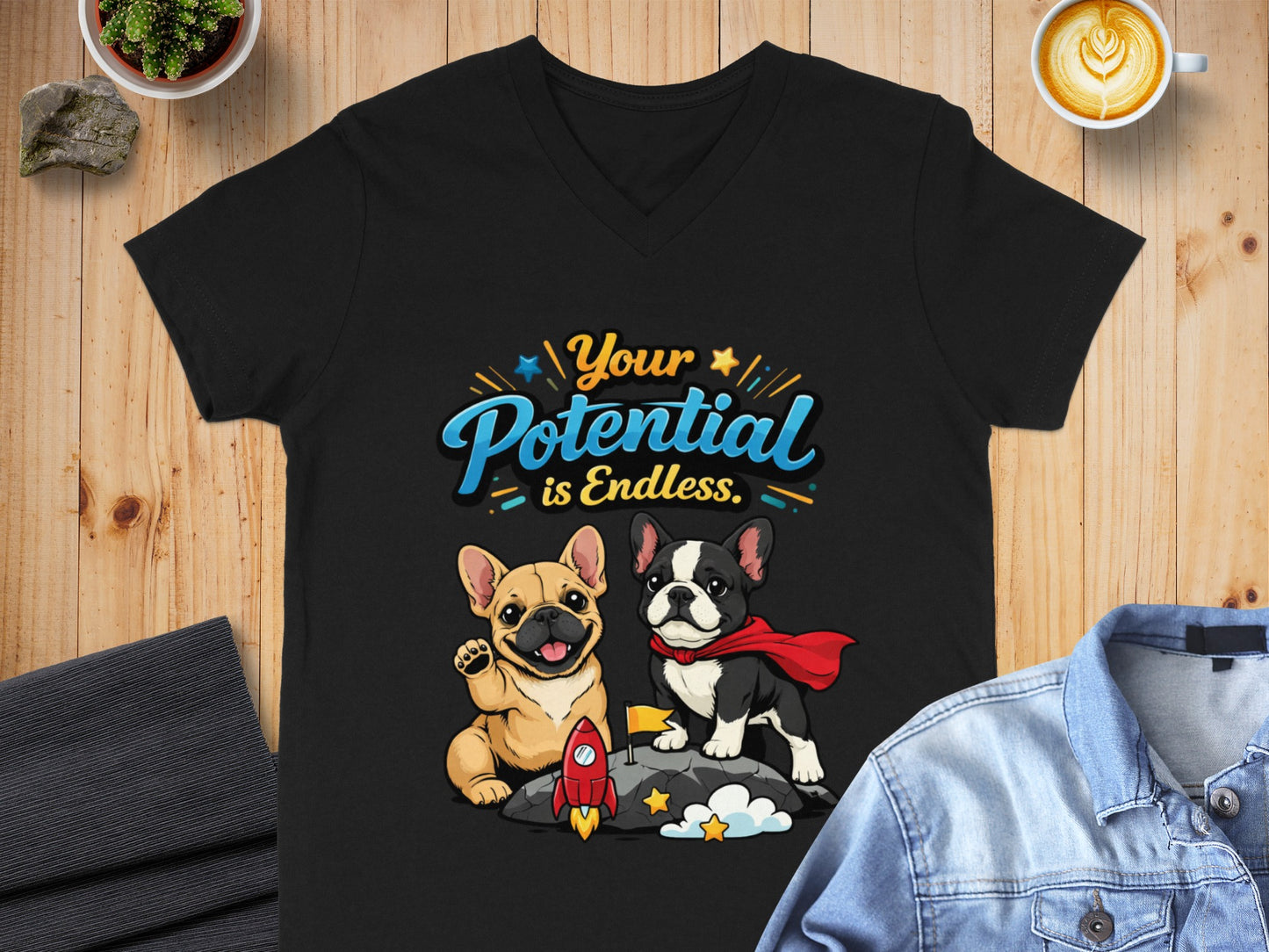 "Your Potential is Endless" text with two French Bulldogs, one waving and one wearing a cape.