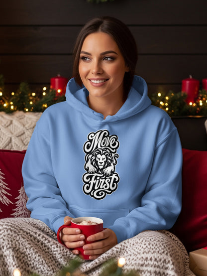 Light blue hoodie with "Move First" text and a lion graphic.