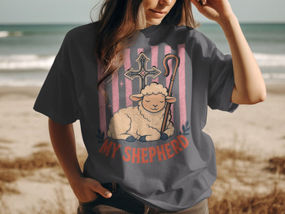 Dark gray t-shirt with sheep, cross, shepherd's crook, and "MY SHEPHERD" text.