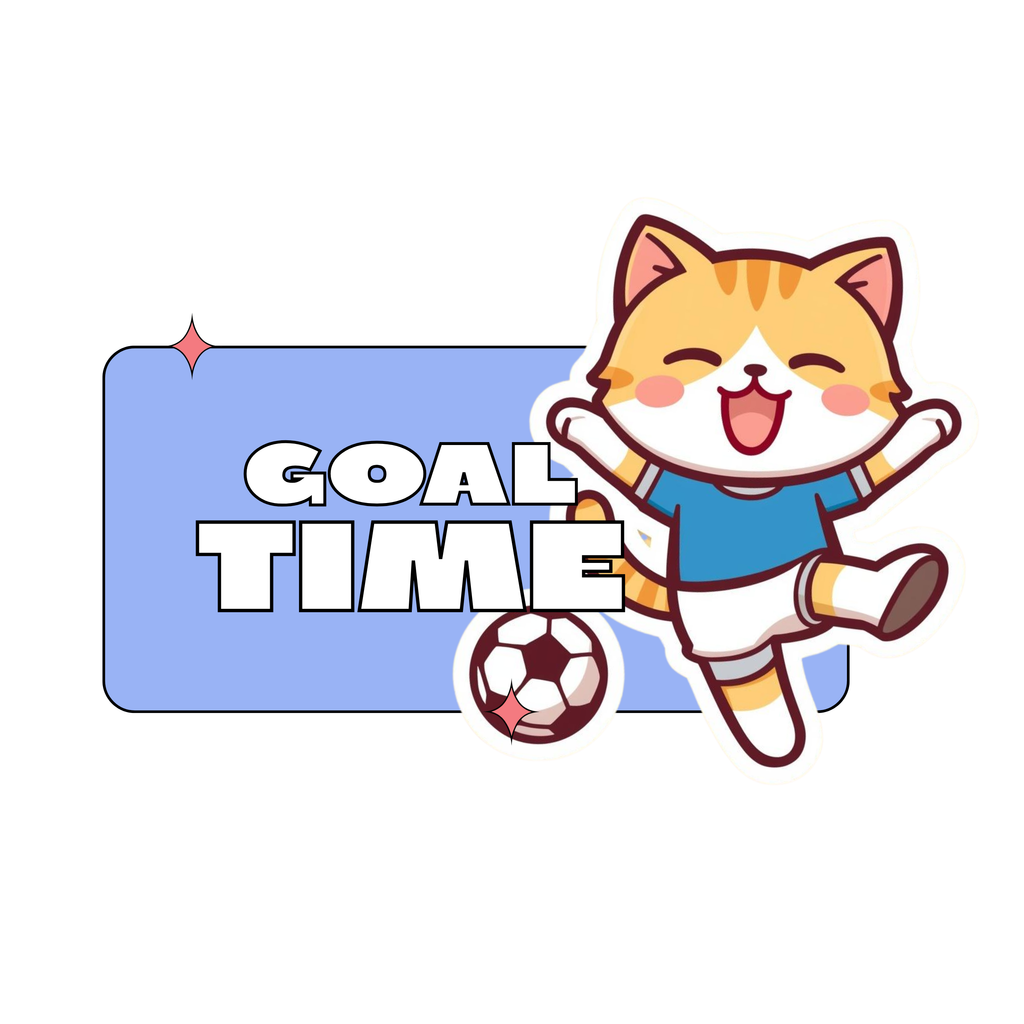 An excited cat in a soccer uniform jumps next to a sign that says "GOAL TIME".