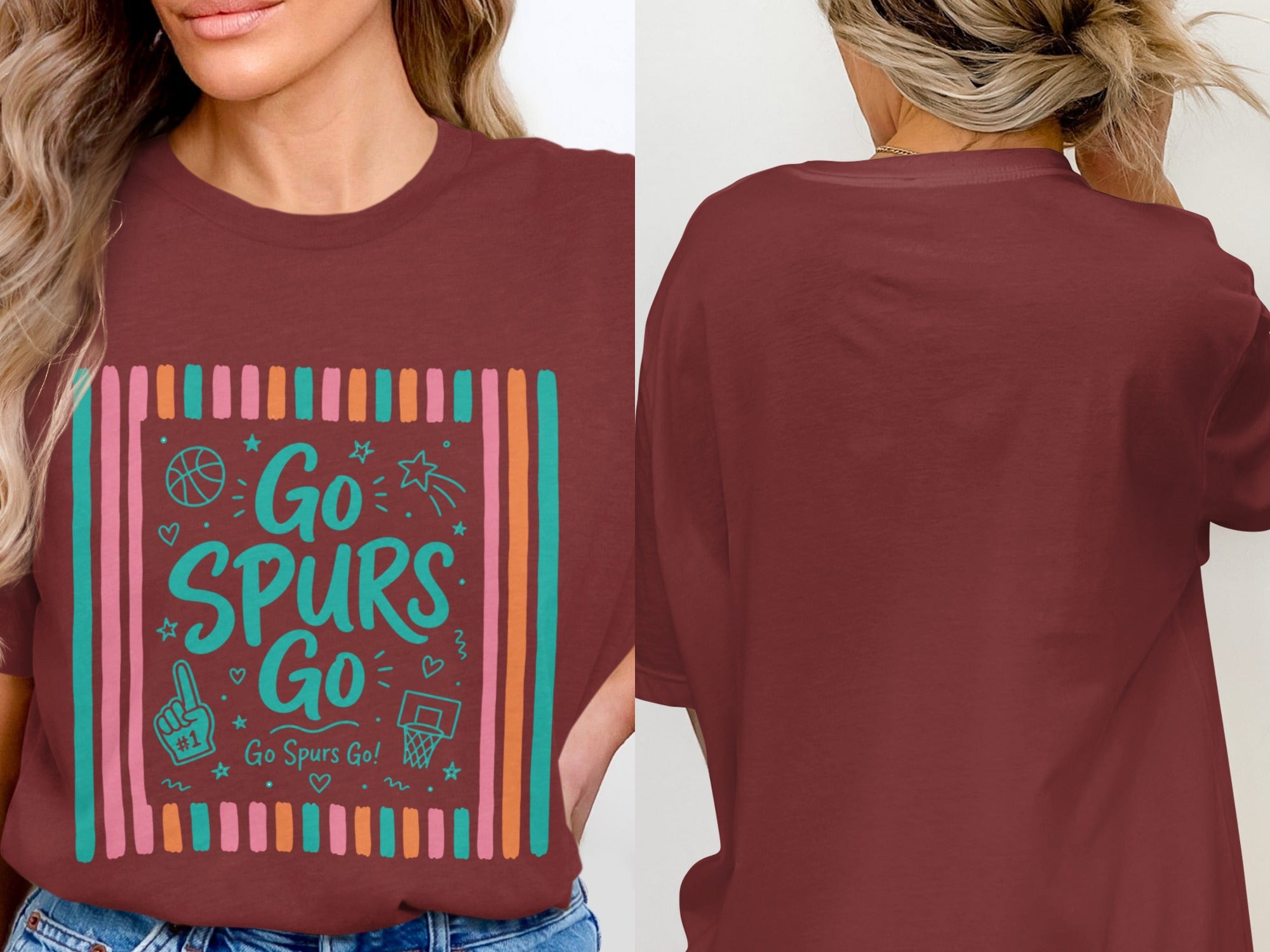 Maroon t-shirt with "Go Spurs Go!" text, basketball, and foam finger graphic.